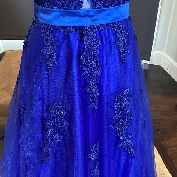 Women’s Blue Full Length Prom Party Dress with Small Train & Corset Back Size 6 - Picture 4 of 12